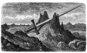 La „Breche de Roland“, Bergspalte durch Durandal, das Schwert des Helden: Gravur von Gustave Doré, die das Buch „Reise in die Pyrenäen“ von Hippolyte Taine, Hachette 1860, illustriert. von Gustave Dore