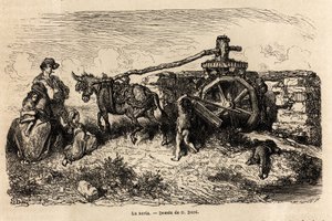 La noria, hydraulische Maschine zur Erhöhung des Wasserspiegels mit Energie aus der Strömung. Zeichnung von Gustave Doré zur Illustration seiner Reise nach Spanien mit C. Davillier, 1862. Gravur in „Le tour du monde“, herausgegeben von Edouard Charton