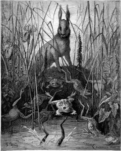 Der Hase und die Frösche: Fabel von Jean de La Fontaine, illustriert von Gustave Doré - Der Hase und die Frösche von Gustave Dore