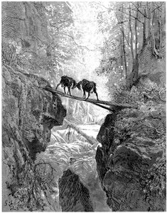 Die zwei Ziegen: Fabel von Jean de la Fontaine, illustriert von Gustave Doré - Wald, Bach, Bach von Gustave Dore