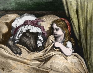 Rotkäppchen und der Wolf mögen die Großmutter nicht. Illustration von Gustave Doré