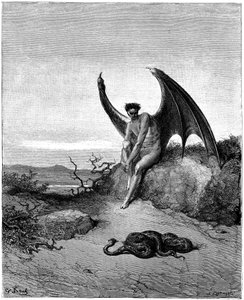 Luzifer (Satan, gefallener Engel, fiel vom Himmel auf die Erde) trifft die Schlange. Illustration von Gustave Doré für „Das verlorene Paradies“ von John Milton (1608-1674). Gravur von 1866. Private Sammlung
