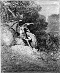 Luzifer (Satan, gefallener Engel, fiel vom Himmel zur Erde) verführt Adam und Eva. Illustration von Gustave Doré für „Das verlorene Paradies“ von John Milton (1608-1674). Gravur von 1866. Private Sammlung