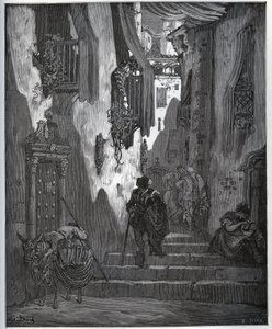 Luscinde sendet eine Nachricht an Cardenio - aus „Don Quijote de la Mancha“ von Miguel Cervantes (1547-1616) (Don Quijote) - Holzschnitt nach einer Zeichnung von Gustave Dore. von Gustave Dore