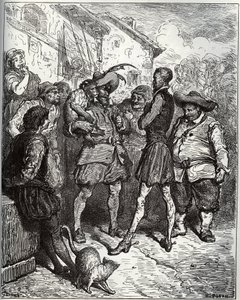 Maese Pedro und der wahrsagende Affe - aus „Don Quijote de la Mancha“ von Miguel Cervantes (1547-1616) (Don Quijote) - Holzschnitt nach einer Zeichnung von Gustave Doré