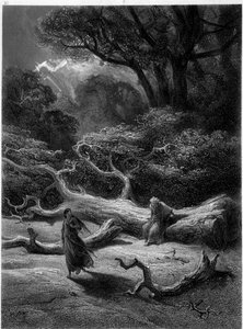 Merlin und Viviane im Wald von Brocéliande (Zyklus der Ritter der Tafelrunde) - in „Viviane“ von Alfred Tennyson, Illustration von G. Doré