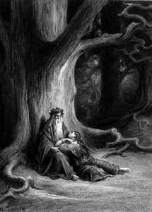 Merlin und Viviane im Wald von Brocéliande (Zyklus der Ritter der Tafelrunde) - in „Viviane“ von Alfred Tennyson, Illustration von G. Doré