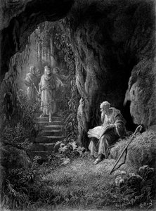 Merlin entdeckt von den Offizieren König Arthurs im Broceliande-Wald (Zyklus der Ritter der Tafelrunde) - in „Viviane“ von Alfred Tennyson, Illustration von G. Doré von Gustave Dore