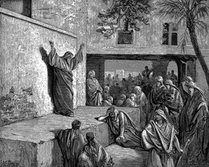 Micha der Moreschtiter Prophet sagt den Israeliten: Denn siehe, der Herr kommt herab ... und wird auf den Höhen der Erde wandeln. Bibel Micha 1:3. Illustration von Gustave Doré 1865-1856. Holzstich von Gustave Dore