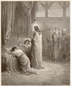 Wunder: Jesus Christus heilte die Tochter von Jaire. Gravur aus der Bibel illustriert von Gustave Dore