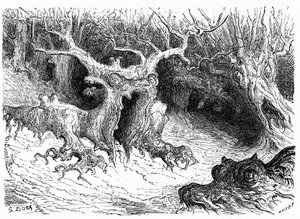 Monströse Buche im Ossau-Tal, anthropomorphe Monsterbäume. Gravur von Gustave Doré zur Illustration des Buches „Voyage aux Pyrénées“ von Hippolyte Taine, Hachette 1860.