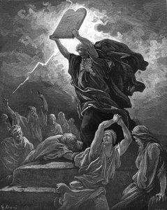 Moses zerbricht die Gesetzestafeln, Gravur - Bibel von Gustave Dore