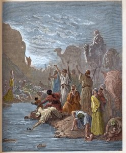 Moses bringt Wasser aus dem Felsen - Buch Exodus (Bibel) - Gravur in 