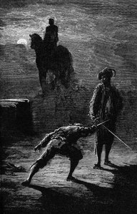 Nachtduell im Mondlicht zwischen Baron de Sigognac und Jacquemin Lampourde, unter der Reiterstatue des Bronzekönigs. Gravur von Gustave Doré, die Théophile Gautiers Roman „Der Kapitän Fracasse“ illustriert. Charpentier Edition 1863.
