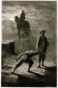 Nachtduell im Mondlicht zwischen Baron de Sigognac und Jacquemin Lampourde, unter der Reiterstatue des Königs aus Bronze. Stich von Gustave Doré, der Théophile Gautiers Roman „Der Kapitän Fracasse“ illustriert, Charpentier-Ausgabe 1863 von Gustave Dore