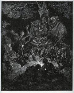 Nachtlicht, wo Don Quijote die Geschichte der Welt den Ziegen und einem Sancho Panza erzählt - aus „Don Quijote de la Mancha“ von Miguel Cervantes (1547-1616) (Don Quijote) - Holzschnitt nach einer Zeichnung von Gustave Dore. von Gustave Dore