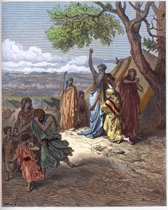 Noah vertreibt Ham - Noah verflucht Ham - Der Fluch von Cham - Patriarch Noe verflucht seinen Enkel Kanaan für einen Fehler, den sein Vater Cham auf dem Berg Ararat begangen hat - Gravur in „Die illustrierte Bibel“ von Gustave Doré (1832-1883) - Gravur aus