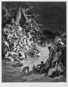 Noah und seine Arche entkommen, als die große Flut die Erde überflutet, Illustration aus der Dore-Bibel