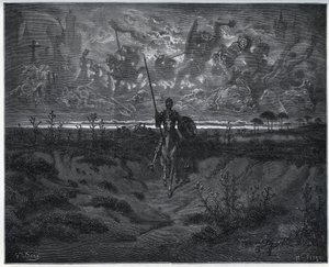 Auf dieser Reise sprach unser brandneuer Abenteurer mit sich selbst - aus "Don Quijote von der Mancha" von Miguel Cervantes von Gustave Dore