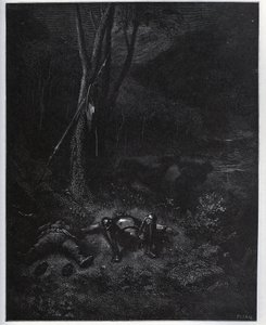 Einer der Flüchtlinge, Gines de Passamont, stiehlt den Esel von Sancho Panza während des Schlafs der beiden Reisenden - aus „Don Quixote de la Mancha“ von Miguel Cervantes (1547-1616) - Holzschnitt nach einer Zeichnung von Gustave Dore von Gustave Dore