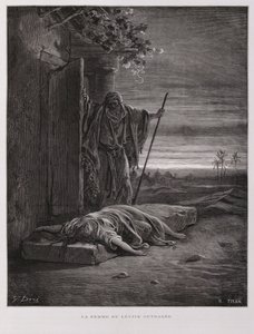 Empörung in Gibea, der Levit trägt seine tote Konkubine weg, Illustration aus der Dore-Bibel von Gustave Dore