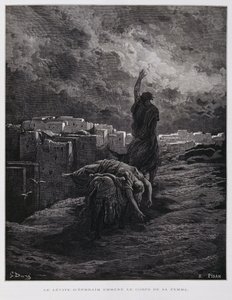Empörung in Gibea, der Levit trägt seine tote Konkubine weg, Illustration aus der Dore-Bibel von Gustave Dore