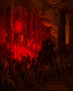 Das verlorene Paradies: Satan im Rat, Gravur von Gustave Doré