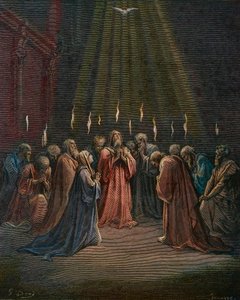 Pfingsten - Pfingsten (Kommen des Heiligen Geistes) - Pfingsten, der Abstieg des Heiligen Geistes, Gravur von Gustave Doré (1832-1883) - spätere Kolorierung von Gustave Dore