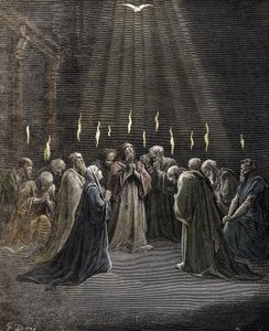 Pfingsten, Herabkunft des Heiligen Geistes auf die Apostel und andere Anhänger Jesu Christi, Gravur von Gustave Doré aus „Die Bibel“ von Gustave Dore