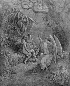 Raphael spricht mit Adam und Eva. Illustration zu John Miltons Paradise Lost, 1866 von Gustave Dore