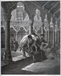 Erzählung von Don Fernand; er nimmt Luscinde aus dem Kloster, in dem sie Zuflucht gesucht hatte - aus „Don Quijote de la Mancha“ von Miguel Cervantes (1547-1616) (Don Quijote) - Holzschnitt nach einer Zeichnung von Gustave Doré von Gustave Dore