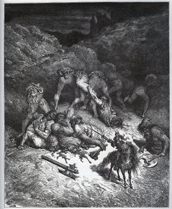 Erzählung der Taten von Felix-Mars von Hyrcania - aus „Don Quijote von der Mancha“ von Miguel Cervantes (1547-1616) - Holzschnitt nach einer Zeichnung von Gustave Doré