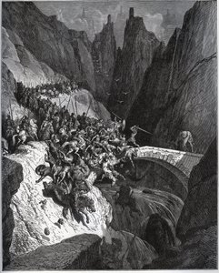 Erzählung der Taten des Ritters Diego Garcia de Paredes - aus „Don Quijote de la Mancha“ von Miguel Cervantes (1547-1616) - Holzschnitt nach einer Zeichnung von Gustave Doré von Gustave Dore