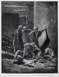 Überreste von Königin Isebel, nachdem sie aus den Palastfenstern geworfen wurde, Illustration aus der Dore-Bibel von Gustave Dore