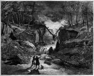 Darstellung einer Oper: Das verrückte Grab im Strom - Letzte Szene, Akt II von „Pardon de Ploermel“, komische Oper von 1859 nach einem Libretto von Michel Carré (1819-1872) und Jules Barbier (1822-1901), und Musik von Giacomo Meyerbeer (1791-1864) - Theate von Gustave Dore