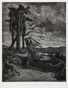 Rizpa verhindert, dass wilde Tiere die Leichen ihrer toten Söhne schänden, Illustration aus der Dore-Bibel von Gustave Dore