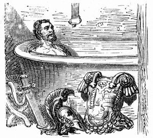 Römischer Soldat badet in den Thermalbädern von Bagnères-de-Bigorre: Gravur von Gustave Doré, die das Buch „Voyage aux Pyrénées“ von Hippolyte Taine, Hachette 1860, illustriert.