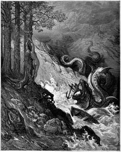 Ruggiero kämpft gegen das Meeresmonster (Drachen), das Olimpia bedroht, die nackt an einen Baum gebunden ist, blockiert seine Kiefer mit einem Anker und rettet Olimpia (Gesang 11, Strophe 37) - Stich von Gustave Doré (1832-1883), der „Der rasende Roland“ (