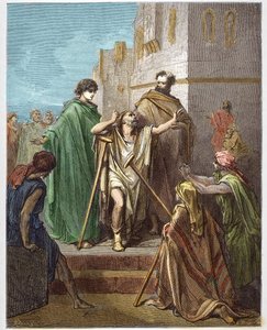 Heilung eines Lahmen durch St. Peter und St. Johannes - St. Peter, begleitet von St. Johannes, heilt auf wundersame Weise einen Lahmen in Jerusalem - Gravur in „Die illustrierte Bibel“ von Gustave Doré (1832-1883) - Gravur aus „Die Doré-Bibel“.