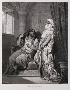 Simson und Delila, Kapitel 16 des Buches der Richter im Alten Testament, Illustration aus der Dore-Bibel von Gustave Dore