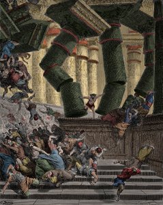 Samson bringt den Tempel von Dagon zum Einsturz. Gravur von Gustave Doré (1832-1883)