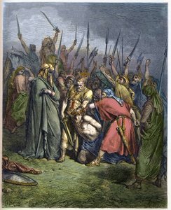 Samuel tötet Agag - Die Enthauptung von Agag, König der Amalekiter, durch den Propheten Samuel - Gravur in „Die illustrierte Bibel“ von Gustave Doré (1832-1883) - Gravur aus „Die Doré-Bibel“