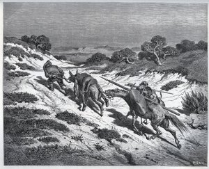Sancho Panza, Don Quijote und ihre Reittiere nach ihrer Niederlage gegen die Yangers - aus „Don Quijote de la Mancha“ von Miguel Cervantes (1547-1616) (Don Quijote) - Holzschnitt nach einer Zeichnung von Gustave Dore.