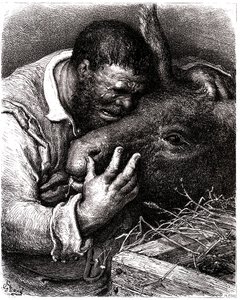 Sancho Panza weint, während er seinen Esel küsst von Gustave Dore