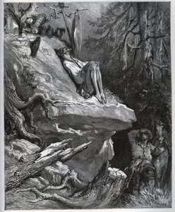 Sancho Panza findet seinen Meister, immer noch in Buße - aus „Don Quijote de la Mancha“ von Miguel Cervantes (1547-1616) - Holzschnitt nach einer Zeichnung von Gustave Doré von Gustave Dore