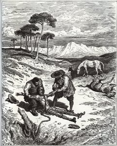 Sancho und der Cousin ziehen Don Quijote (schlafend) aus Montesinos