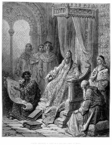 Sanuto präsentiert Papst Johannes XXII. die Karten des Orients - Gravur von Gustave Doré