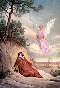 Satz biblischer Lehrpostkarten aus den 50er Jahren, nach den Schönen Künsten: hier nach "Elia von einem Engel gerettet" von Gustave Dore