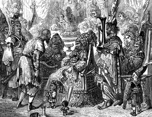 Sindbad der Seefahrer - Geschichte aus den Tausendundeiner Nacht - Illustration von Gustave Doré (Detail) - Maxwell-Ausgabe 1865 - Prolog: Ein armer Träger (Hinbad) stellt sich vor Sindbad, der alt und reich geworden ist. Letzterer wird ihm erzählen von Gustave Dore