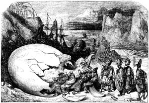 Sindbad der Seefahrer - Geschichte aus den Tausendundeine Nacht - Illustration von Gustave Doré - Maxwell-Ausgabe 1865 - Fünfte Reise: Die Kaufleute, die Sindbad begleiten, brechen die Schale eines riesigen Eies des Vogels Roc auf, um ein riesiges Baby zu  von Gustave Dore
